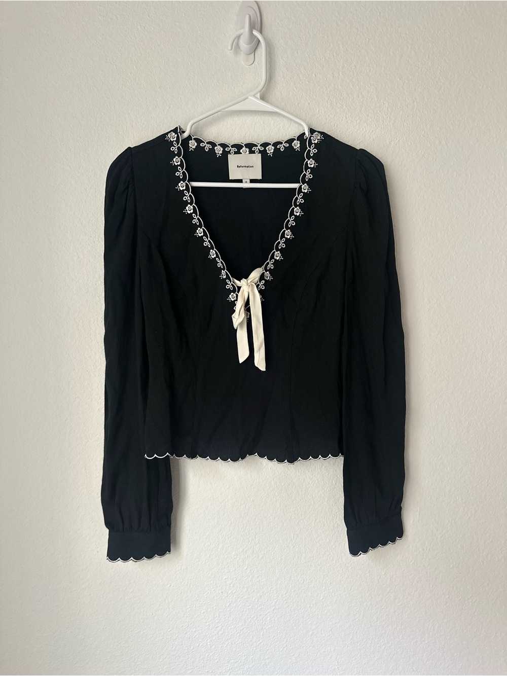 Reformation V-Neck Blouse with Cream Ribbon